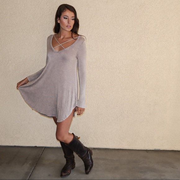 Lavender Gray Long Sleeve Criss Cross Mini Dress - Picture 2 of 7